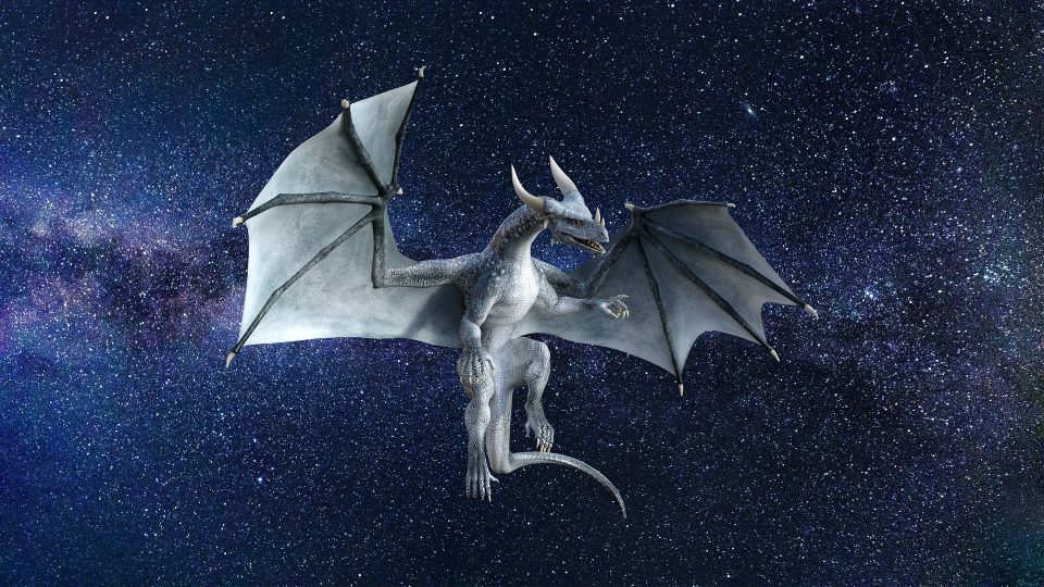Dragon, wings out, flying in space